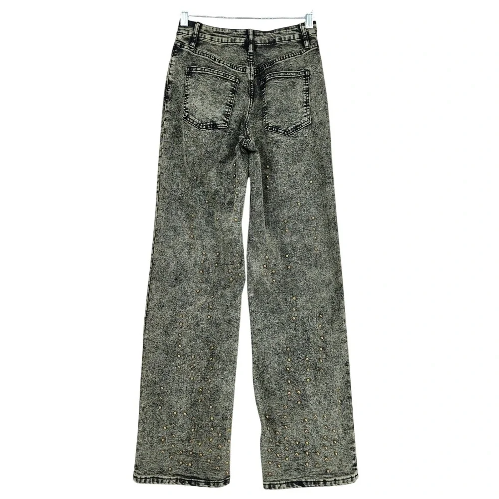 Mebon by Machine Studded Jeans 3 Jr Women Black Acid Wash Wide Leg High Rise NEW